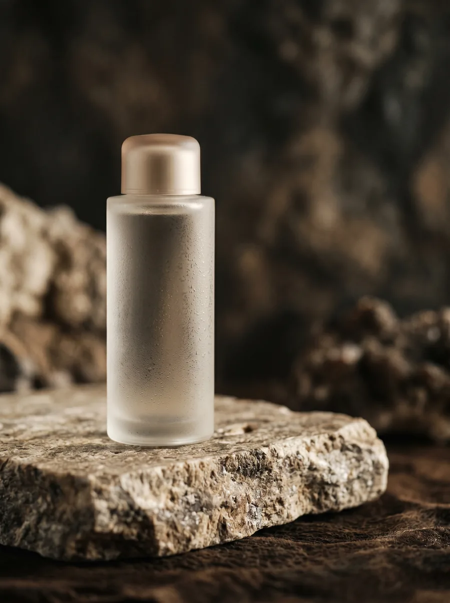 Frasco de skincare en piedra